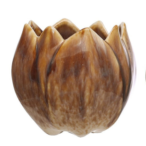 Two rustic ceramic Flower Shaped Planter, 5"Rnd, with a natural wood-like finish, ideal for home decor gifts and adding charm to any room setting.