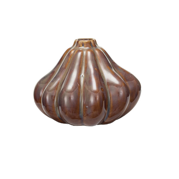 Gourd Shaped Vase, 5"x4" in glossy brown ceramic with ribbed design, perfect for kitchen or dining decor and gifts from Knotty and Board—Every Room Needs A Little Knotty and Board.