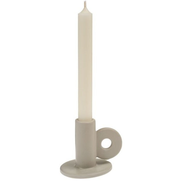Cruz Candle Holder, White holding an unlit taper candle, featuring a minimalist design perfect for dining or kitchen decor, offered by Knotty and Board.