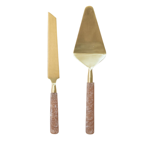Stainless Steel Cake Servers, Set of 2, 11" with gold-toned blades and marbled brown handles, perfect for kitchen dining and entertaining, from Knotty and Board.