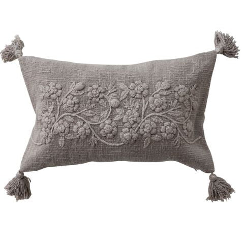 Embroidered Flower Lumbar Pillow with Tassels, Taupe, 20 X 12 in.