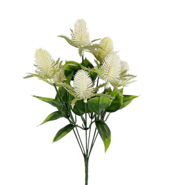Thistle Centerpiece Accent, White, 12 in. featuring realistic white thistle flowers with green leaves, perfect for adding natural charm to home decor or gifts from Knotty and Board.