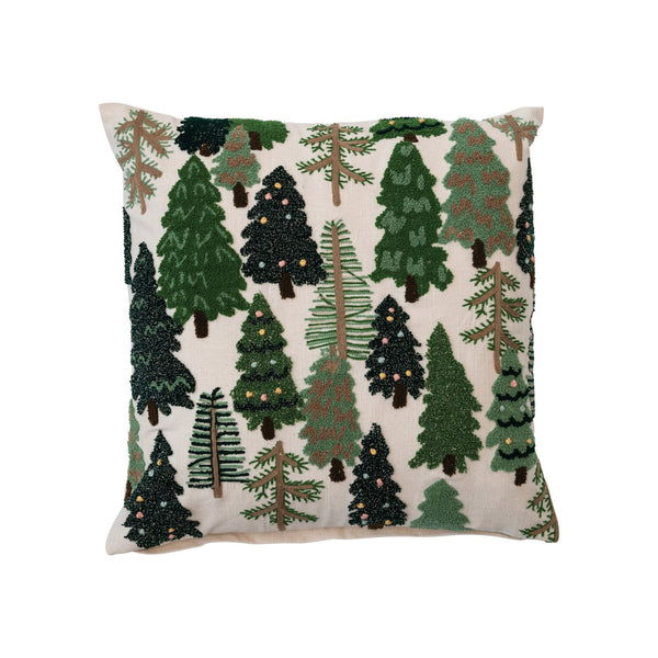 Square Embroidered Pillow with Trees & French Knots, 20"