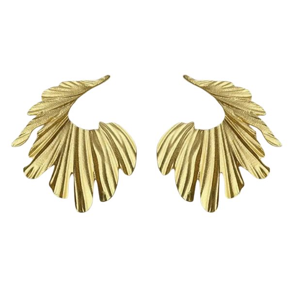 Pair of elegant gold Vintage-Inspired Wing Drop Earrings with detailed feather textures, perfect for unique jewelry gifts and stylish decor accents from Knotty and Board.