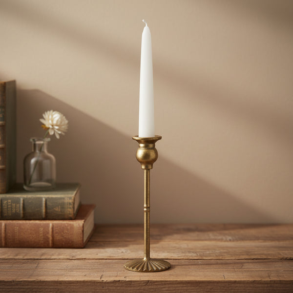 Metal Taper holder with Fluted Base, Antique Gold, 9.25 in.