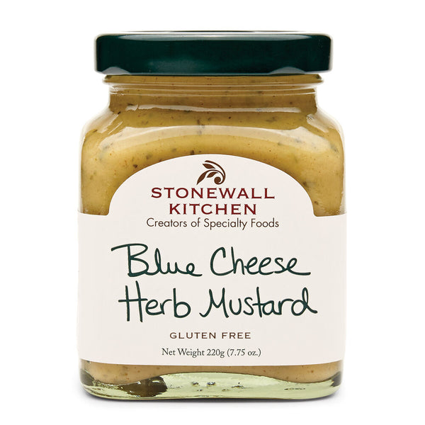 Stonewall Kitchen Blue Cheese Herb Mustard 7.75 oz jar with a green lid, featuring a gluten-free specialty food ideal for kitchen and dining, available from Knotty and Board.