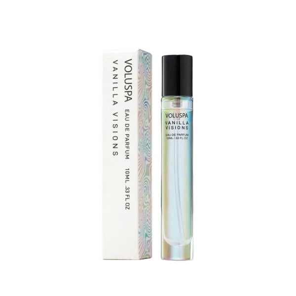 Voluspa, Eau De Parfum, 10 ml, Vanilla Visions in a sleek glass roller bottle with black cap next to its elegant white and iridescent packaging, perfect gift from Knotty and Board.