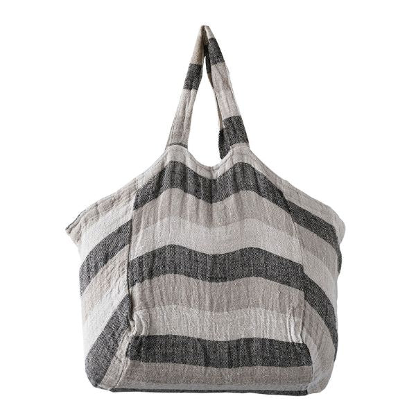 Aubange Handwoven Linen Market Bag, 15.75 in., featuring neutral gray and beige stripes, perfect for stylish shopping and everyday use, available at Knotty and Board.