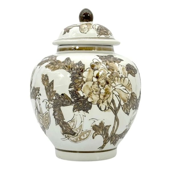 Chinoiserie Ceramic Urn Style Jar, Brown & White, 10 in.