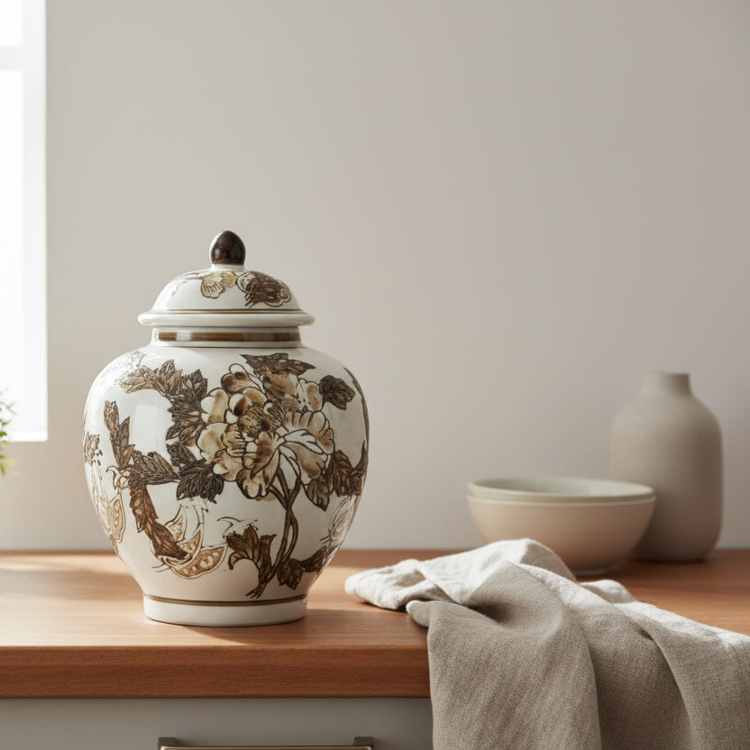 Chinoiserie Ceramic Urn Style Jar, Brown & White, 10 in.