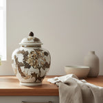 Chinoiserie Ceramic Urn Style Jar, Brown & White, 10 in. 2