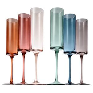 Khen Champagne Flute Stemmed Glasses, Set of 6, Muted Rainbow featuring delicate, tall glassware in soft gradient colors, perfect for elegant dining and entertaining decor from Knotty and Board.
