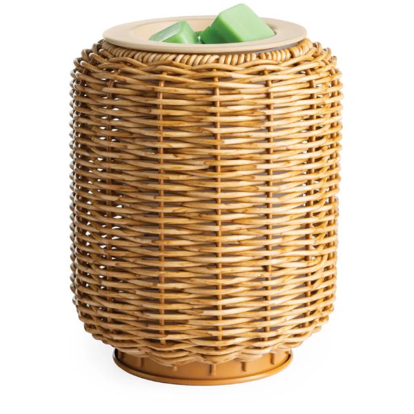 Illumination Fragrance Warmer, Wicker Lantern, 5.5 in. with woven wicker design holding green fragrance wax melts, perfect decor and gift from Knotty and Board for kitchen or dining ambiance.