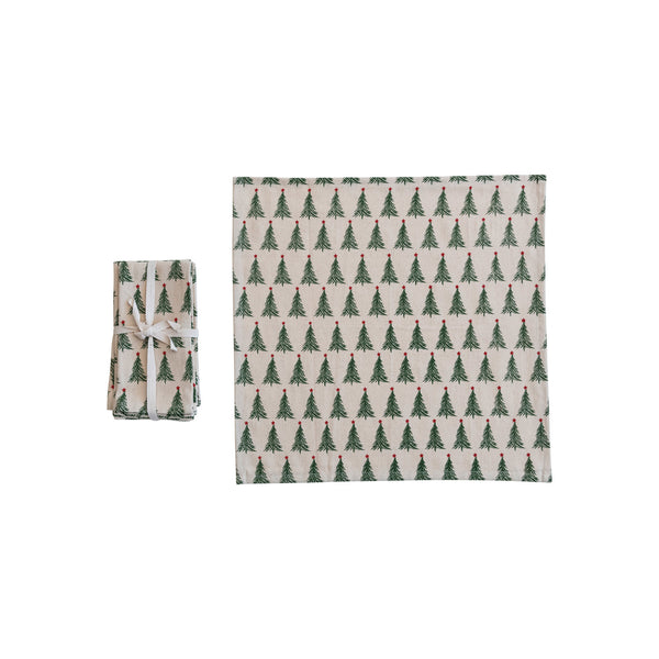 Stonewashed Napkins with Christmas Tree Pattern, Set of 4, 18"