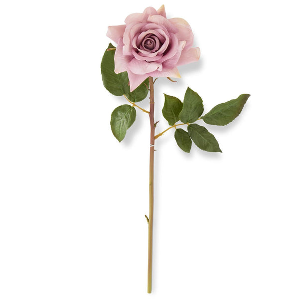 Light Purple Real Touch Duchess Rose Stem with lifelike petals and green leaves, perfect for elegant decor or thoughtful gifts from Knotty and Board.