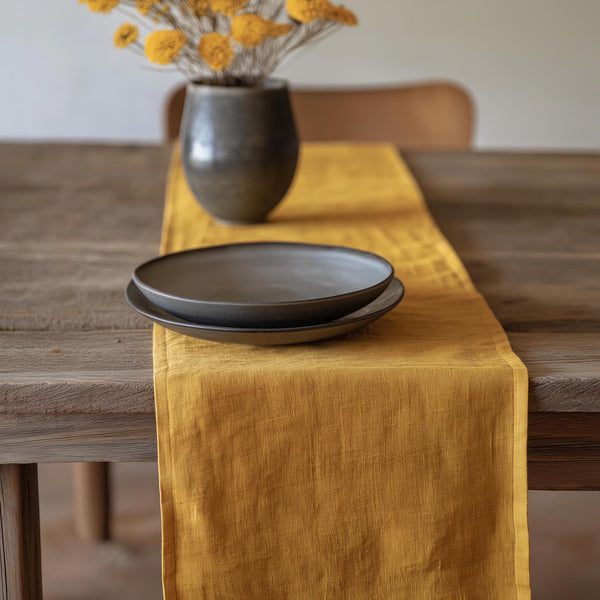 Stonewashed Linen Table Runner, Mustard, 108 in.