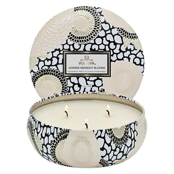 Voluspa Jasmine Midnight Blooms, 3W Tin, 12oz candle featuring a decorative black and white patterned tin with cream floral accents, perfect for home decor and gifts from Knotty and Board.