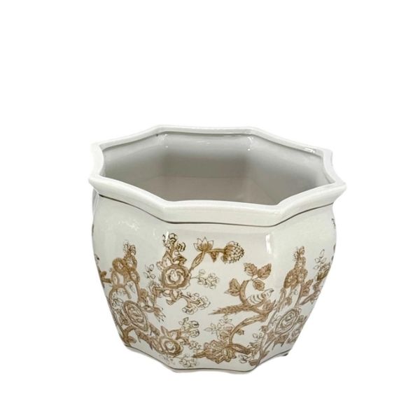 Chinoiserie Ceramic Planter Pot, Brown & White, 13 in.