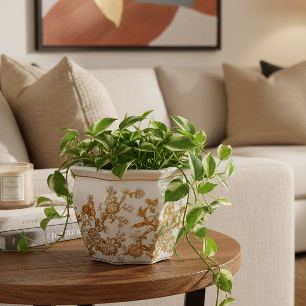 Chinoiserie Ceramic Planter Pot, Brown & White, 13 in.