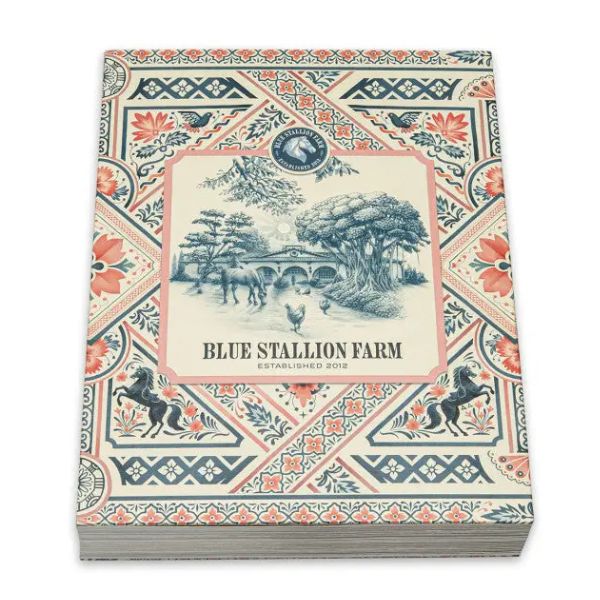 Blue Stallion Farm Lifestyle & Cookbook with elegant vintage farm illustration and decorative border, perfect for kitchen decor and entertaining, from Knotty and Board.
