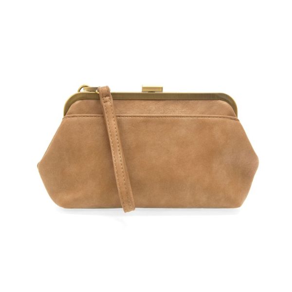 Vivie Frame Lock Convertible Crossbody Wristlet, Tuscan Tan in soft leather with gold-tone frame lock and detachable wrist strap, perfect stylish gift from Knotty and Board.