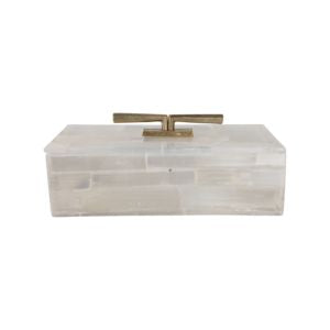 Surrey Selenite Box, 16 in. featuring a sleek rectangular design with a translucent selenite stone body and a modern brass handle, perfect for elegant decor and gifts.