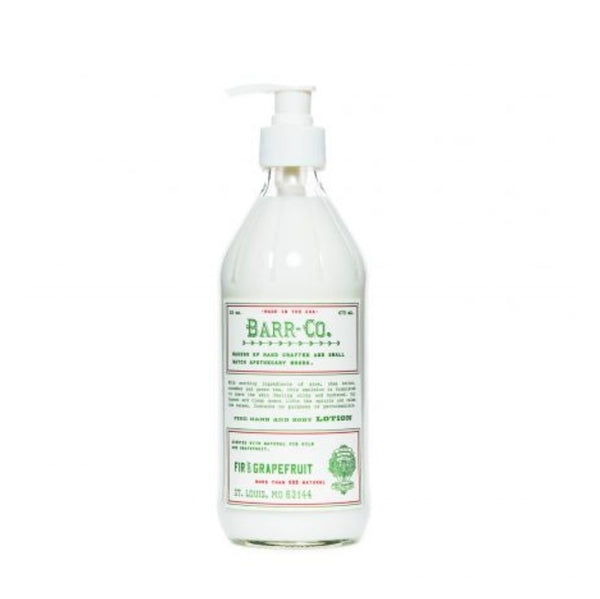 Bottle of Barr-Co. Fir & Grapefruit Lotion, 16 oz., with white pump dispenser and green vintage-style label, ideal for Knotty and Board decor and gifts.