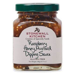 Stonewall Kitchen Raspberry Honey Mustard Dipping Sauce, 8.75 oz. in a clear glass jar with green lid, perfect for kitchen gifts from Knotty and Board, adding flavor to dining and entertaining.