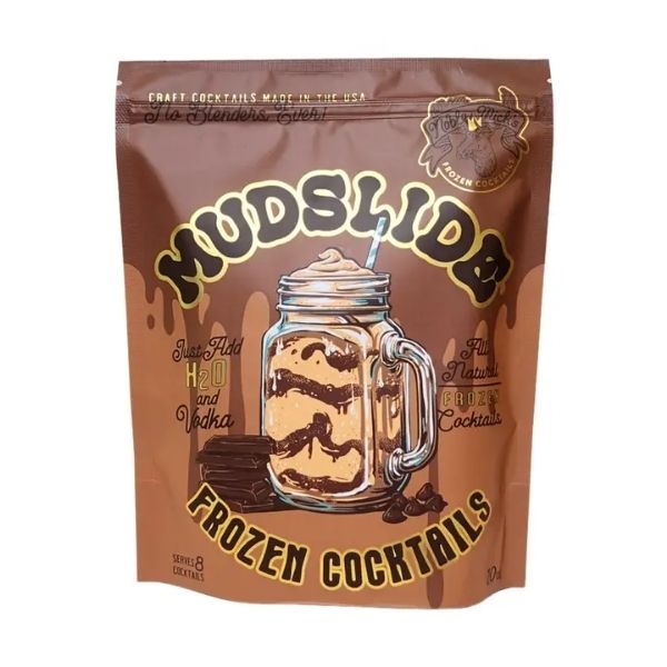 Brown resealable pouch of Noble Mick's Frozen Cocktails, Mudslide flavor, featuring an illustrated glass jar filled with a swirled creamy chocolate frozen cocktail.