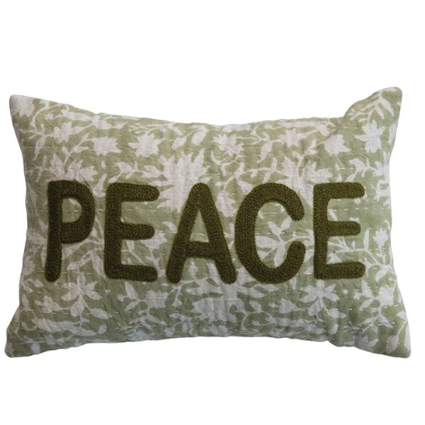 Embroidered Peace Lumbar Pillow w/ Flowers