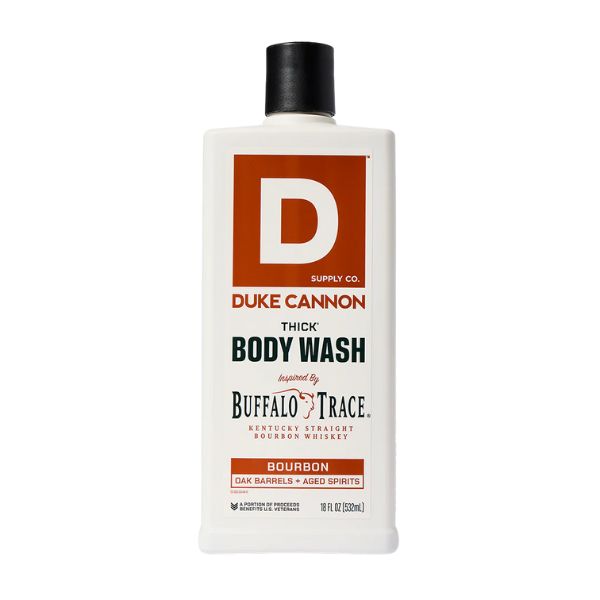 Bottle of Duke Cannon Body Wash, 18 oz., Big Bourbon with bold label design, white container, and black cap, available at Knotty and Board, perfect gift for body care and grooming.