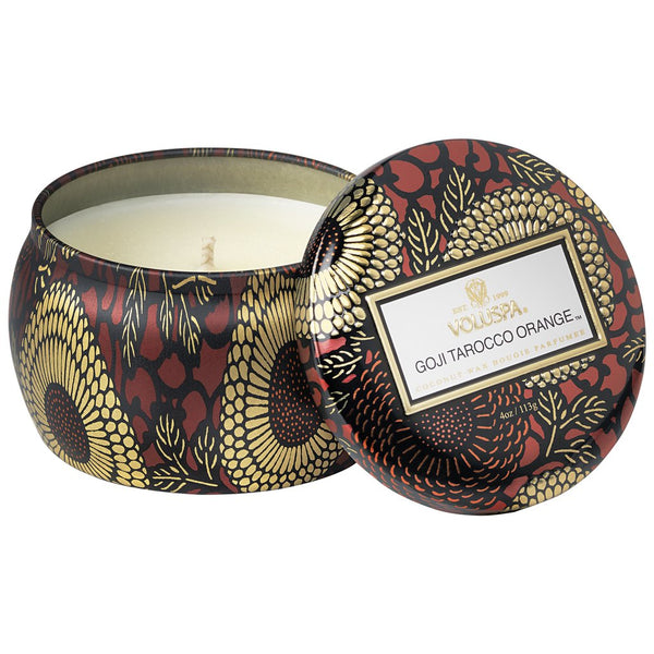 Voluspa Goji &Tarocco Orange Mini Tin Candle, 4 oz. in a decorative floral tin, perfect for adding cozy ambiance and stylish decor to kitchen or dining spaces, from Knotty and Board.