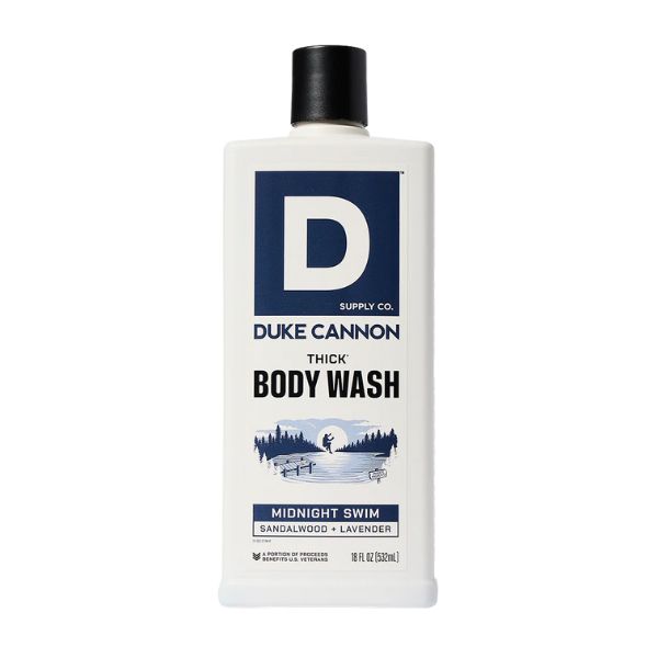 Bottle of Duke Cannon Body Wash, 18 oz., Midnight Swim with sandalwood and lavender scent, featuring a blue label and minimalist design, offered by Knotty and Board.