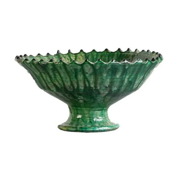 Tamegroute Compote Bowl, Green, Medium with a textured glossy finish and scalloped edge, perfect for kitchen decor, dining, or gifting from Knotty and Board.
