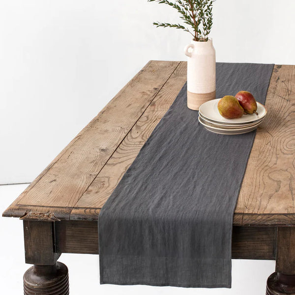 Stonewashed Linen Table Runner, Charcoal, 108 in.