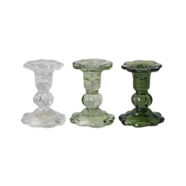 Glass Scalloped Candlesticks, set of 3, 3.75 in.