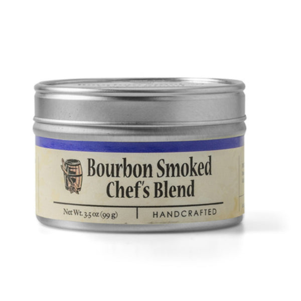 Bourbon Barrel Foods Smoked Chef's Blend, 3.5 oz, handcrafted seasoning in a small metal tin, perfect for kitchen gifts and entertaining, available at Knotty and Board.