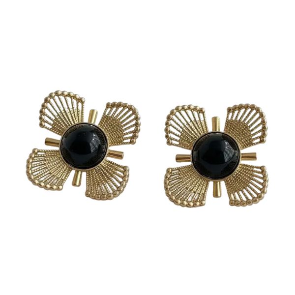 Vintage Floral Design Black Gold Earrings featuring intricate gold petals with a bold black center, perfect jewelry gifts from Knotty and Board for stylish decor and entertaining.