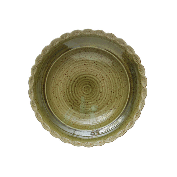 Stoneware Bowl with Scalloped Edge, Green, 12 in. featuring a rustic green finish and decorative scalloped edge, ideal for kitchen decor and entertaining by Knotty and Board.