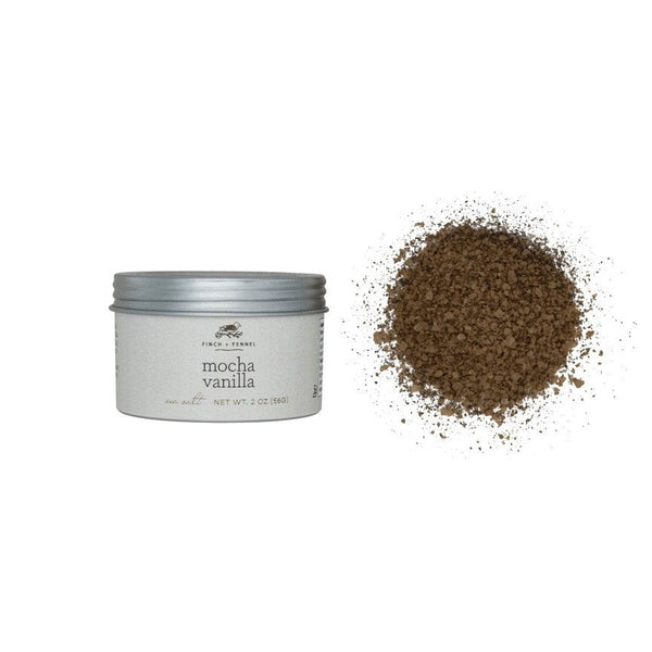 Mocha Vanilla Sea Salt, 2 oz in a small container next to a pile of coarse brown sea salt, perfect for kitchen decor and gifts from Knotty and Board.