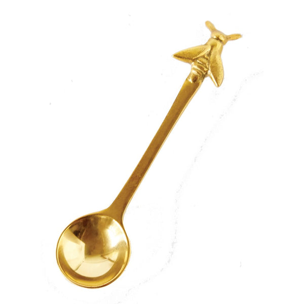 Brass Spoon with Bee, 5 in. featuring a detailed bee handle, perfect for kitchen decor or gifts from Knotty and Board, adding charm to dining and entertaining settings.