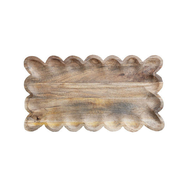 Mango Wood Tray w/ Scalloped Edge, 18 X 10 in. made from natural mango wood, perfect for serving or decorative kitchen and dining use, adding rustic charm to your home decor.