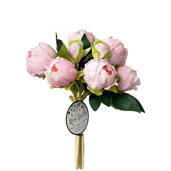 Peony Bundle, 10.5 in., Soft Pink featuring delicate artificial soft pink peony flowers with green leaves, perfect for adding elegant decor and gift touches from Knotty and Board.
