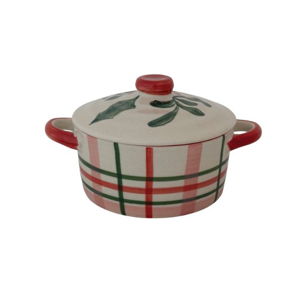 Holly Plaid Baker with Lid, 7.5 X 5 in.