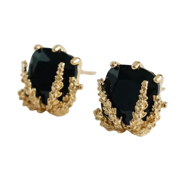 Close-up of Geometric Black Gold Drop Earrings featuring black stones set in textured gold prong settings, perfect jewelry gifts for stylish decor lovers.