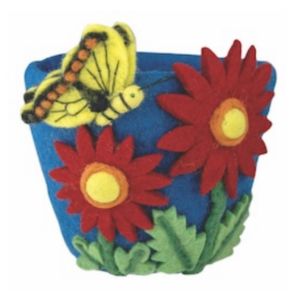 Felt Pot: Cosmos featuring bright red felt flowers with yellow centers and green leaves, adorned with a yellow and black felt butterfly, ideal for cheerful home decor and gifts.