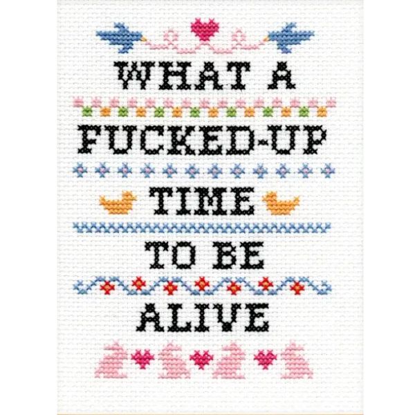 Deluxe Cross Stitch Kit, What A F*Cked Up Time To Be Alive featuring colorful birds, hearts, flowers, and ducks in a humorous stitched decor design from Knotty and Board, perfect gift for kitchen or dining.