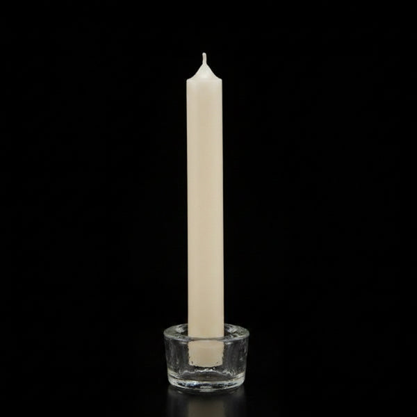 Prism Candle Holder, Small, Clear holding a white taper candle, perfect for kitchen or dining decor and gifts, ideal for Every Room Needs A Little Knotty and Board ambiance.