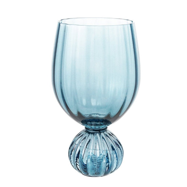 Pleated Footed Wine Glass, 14 oz in light blue glass with a unique pleated spherical foot, perfect for stylish dining and entertaining decor from Knotty and Board.