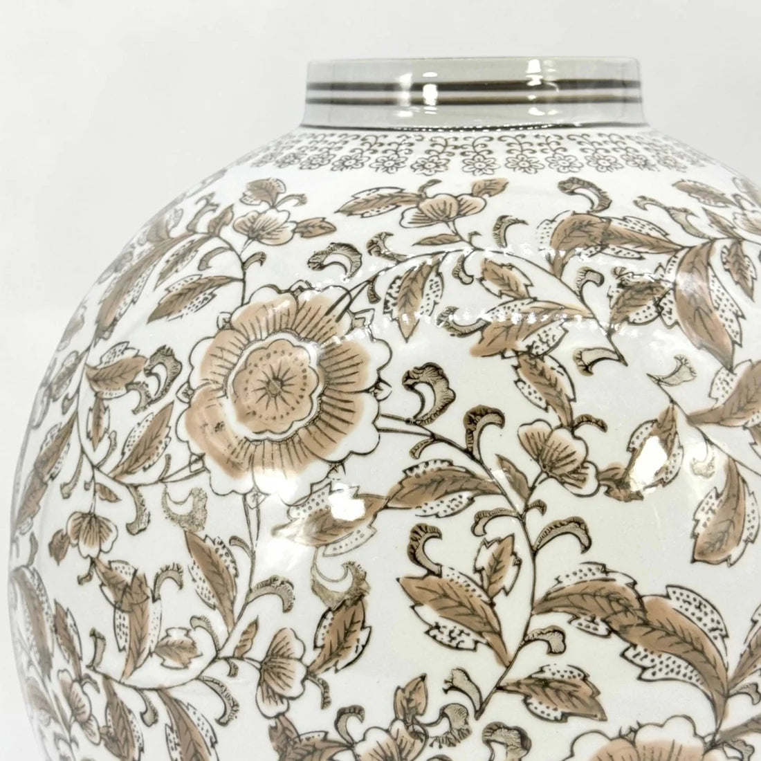 Chinoiserie Ceramic Globe Vase, Brown & White, 12 in.